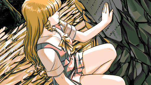 Mio, a girl in blonde drills and a pink school uniform, runs her hand over a strange stone etching.